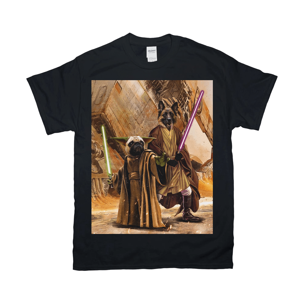 Black Gildan t-shirt featuring two dogs as Jedi, one like Yoda with a green lightsaber, the other with a purple lightsaber.