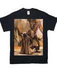 Black Gildan t-shirt featuring two dogs as Jedi, one like Yoda with a green lightsaber, the other with a purple lightsaber.