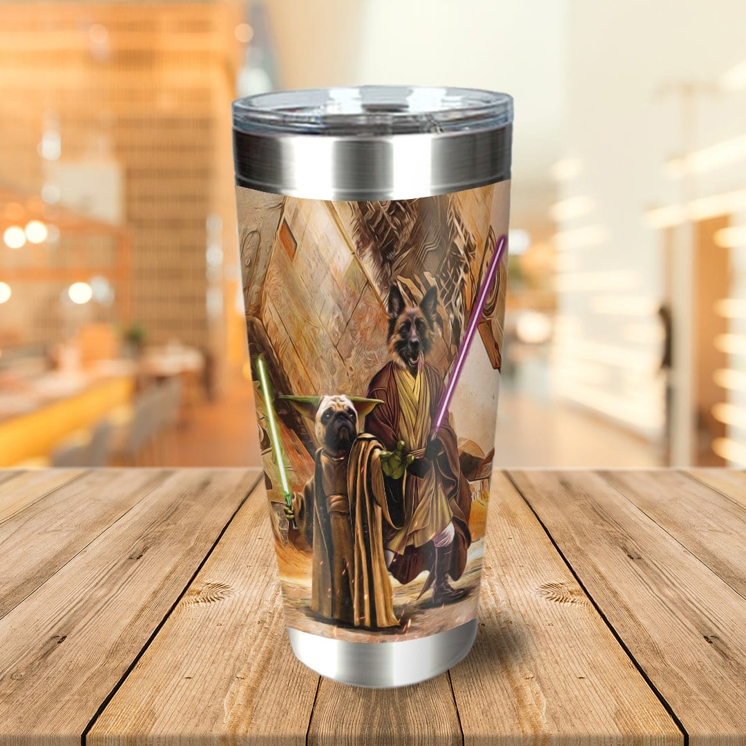 Personalized stainless steel tumbler with two dogs as Jedi, holding lightsabers, in a fantasy portrait style.