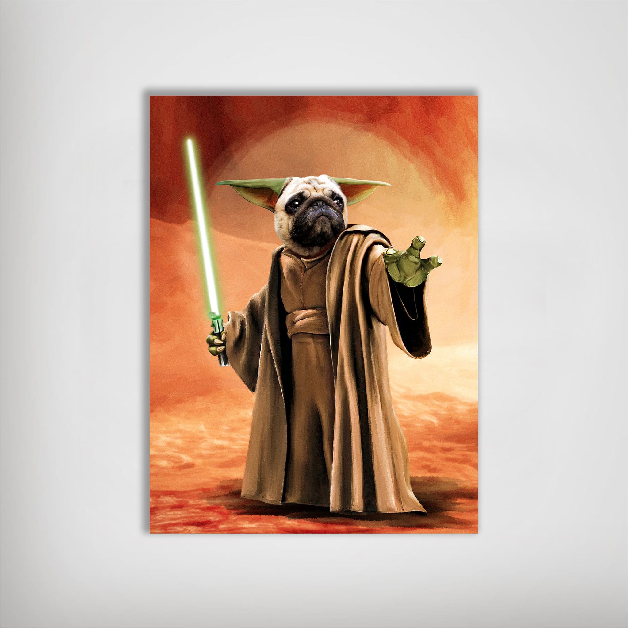 Personalized 'Yodogg' poster featuring a pug dressed as Yoda with a green lightsaber.