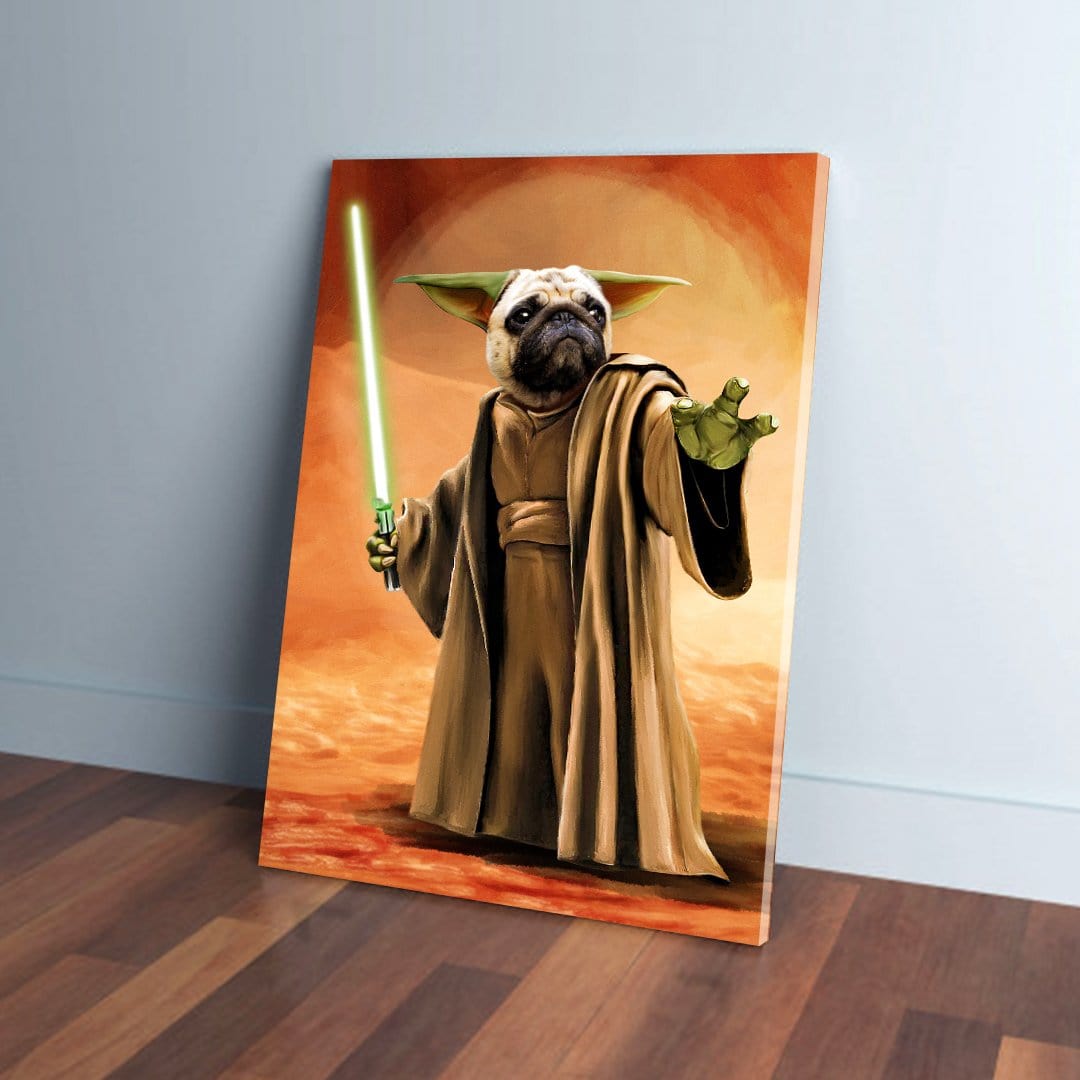 Personalized 'Yodogg' pet canvas featuring a pug as Yoda holding a green lightsaber, leaning on a wall.