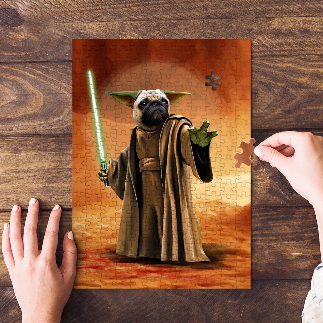 Personalized Yodogg puzzle featuring a pug as Yoda holding a green lightsaber.