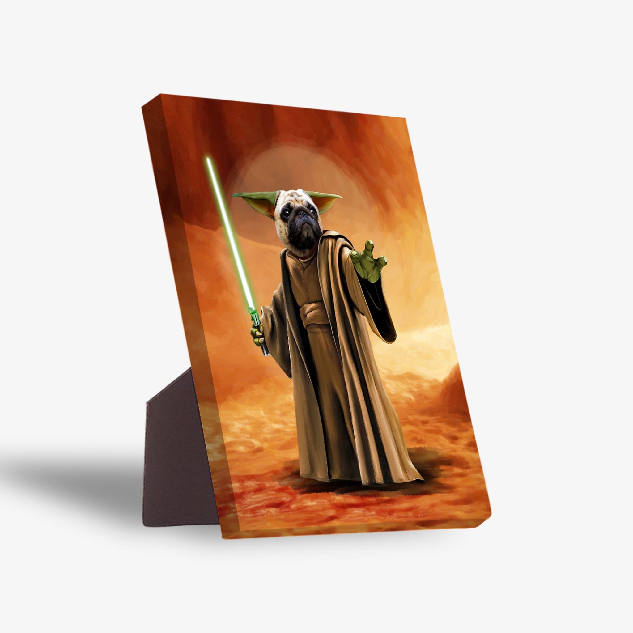 Personalized 'Yodogg' pet standing canvas featuring a pug dressed as Yoda with a green lightsaber.