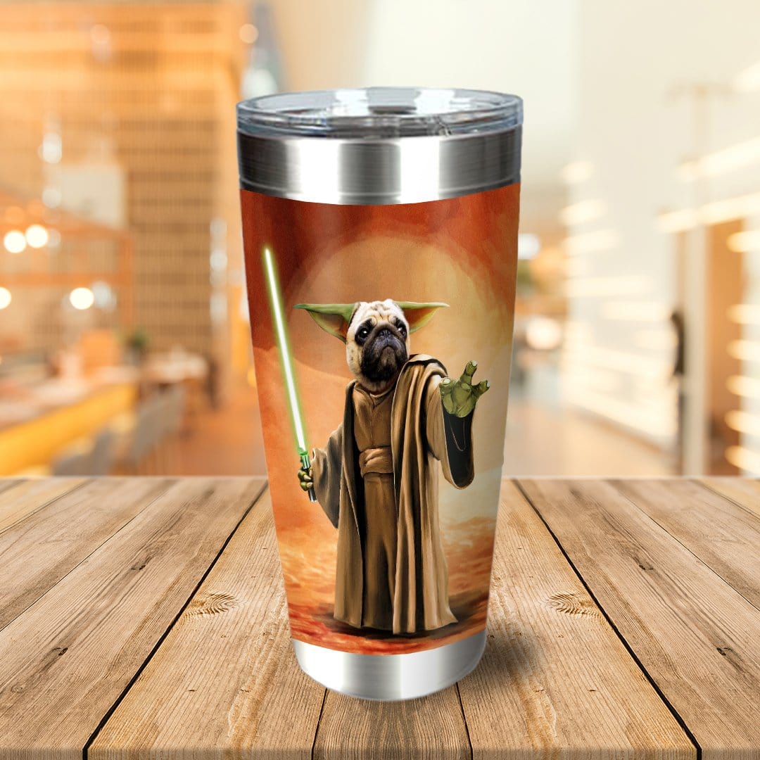 Personalized stainless steel tumbler with a custom dog portrait in a Yoda-like costume holding a green lightsaber.