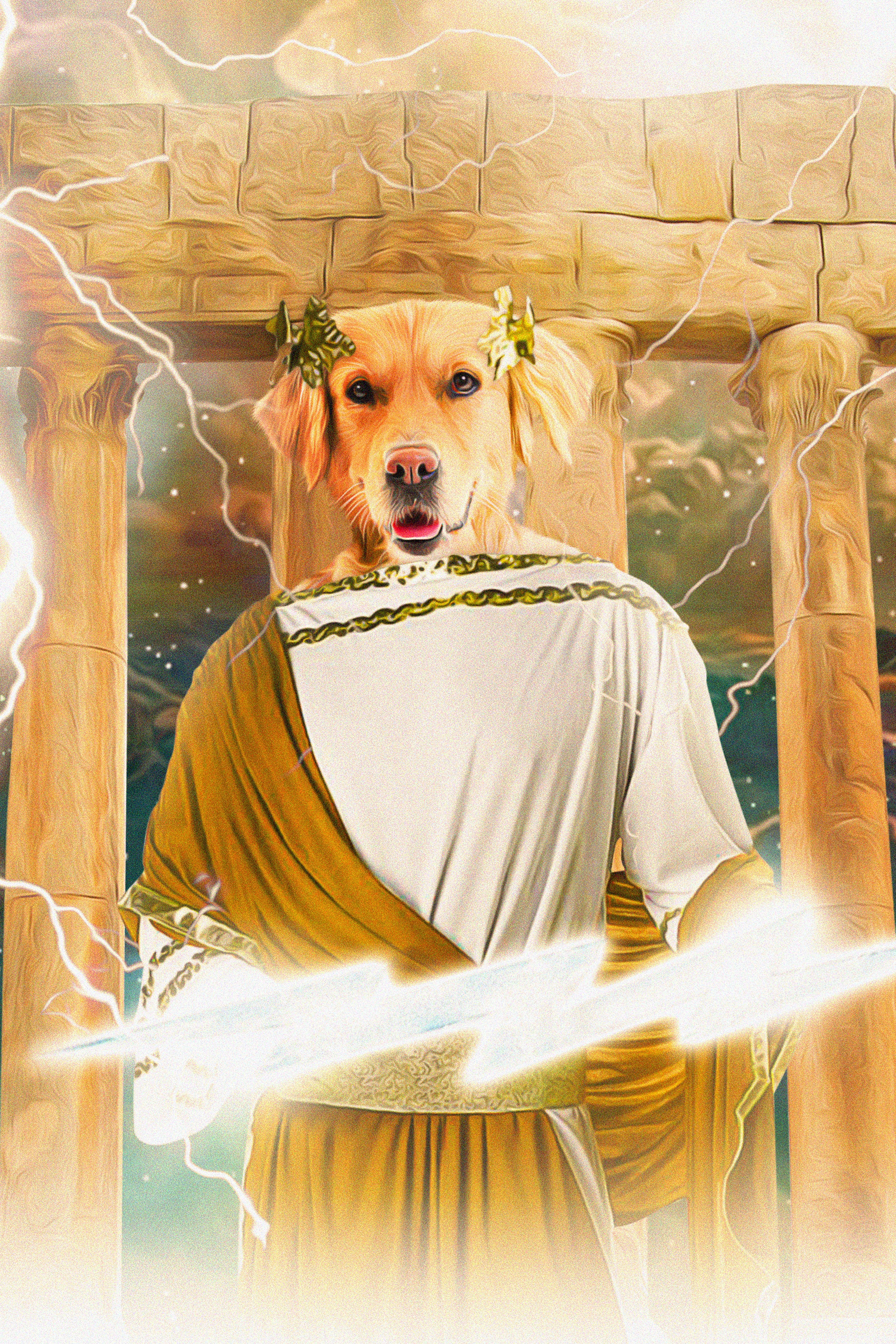 Custom Zeus Doggo digital portrait featuring a golden retriever in a toga with lightning.