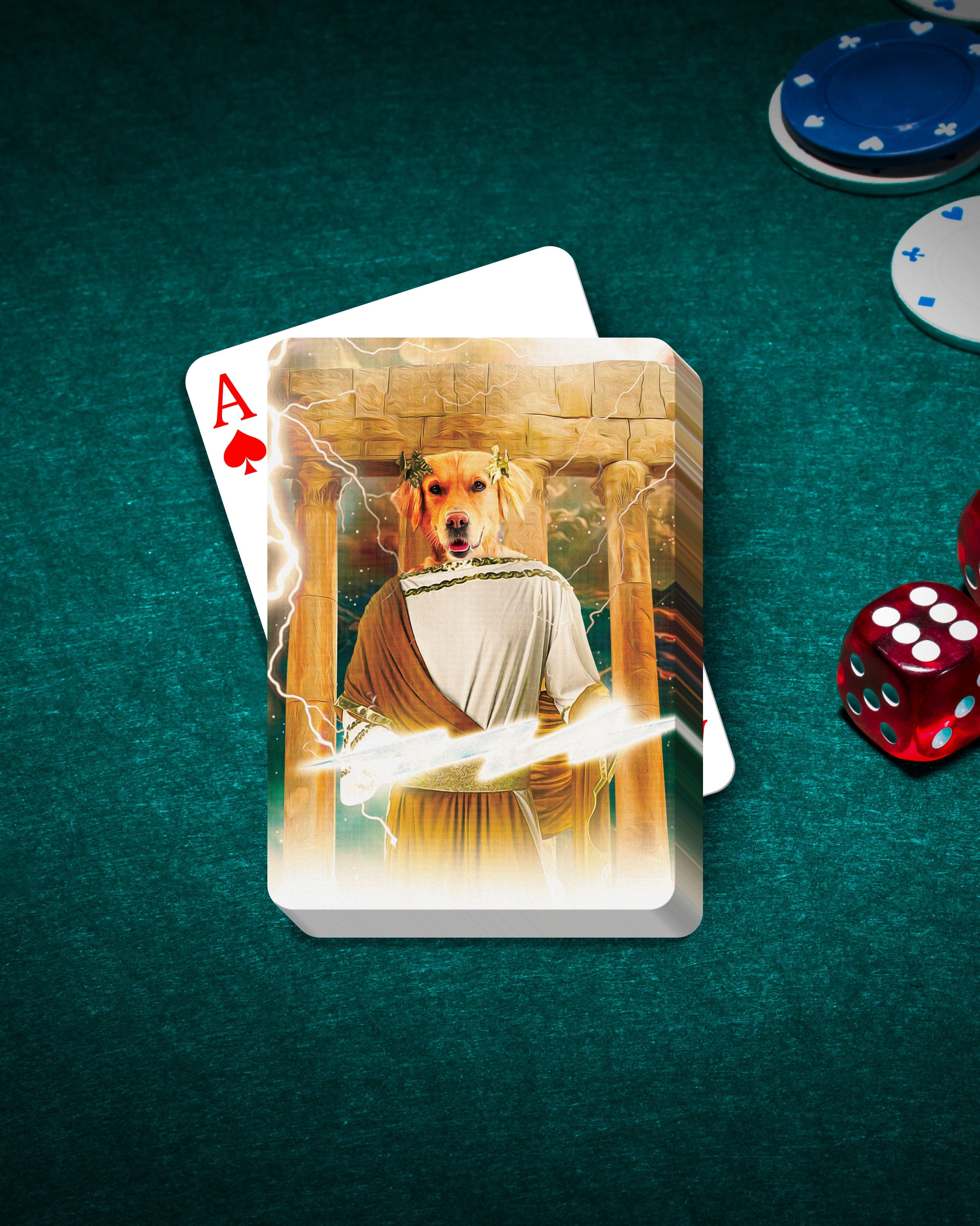 Personalized Zeus Doggo playing cards featuring a golden retriever in a renaissance-style portrait.