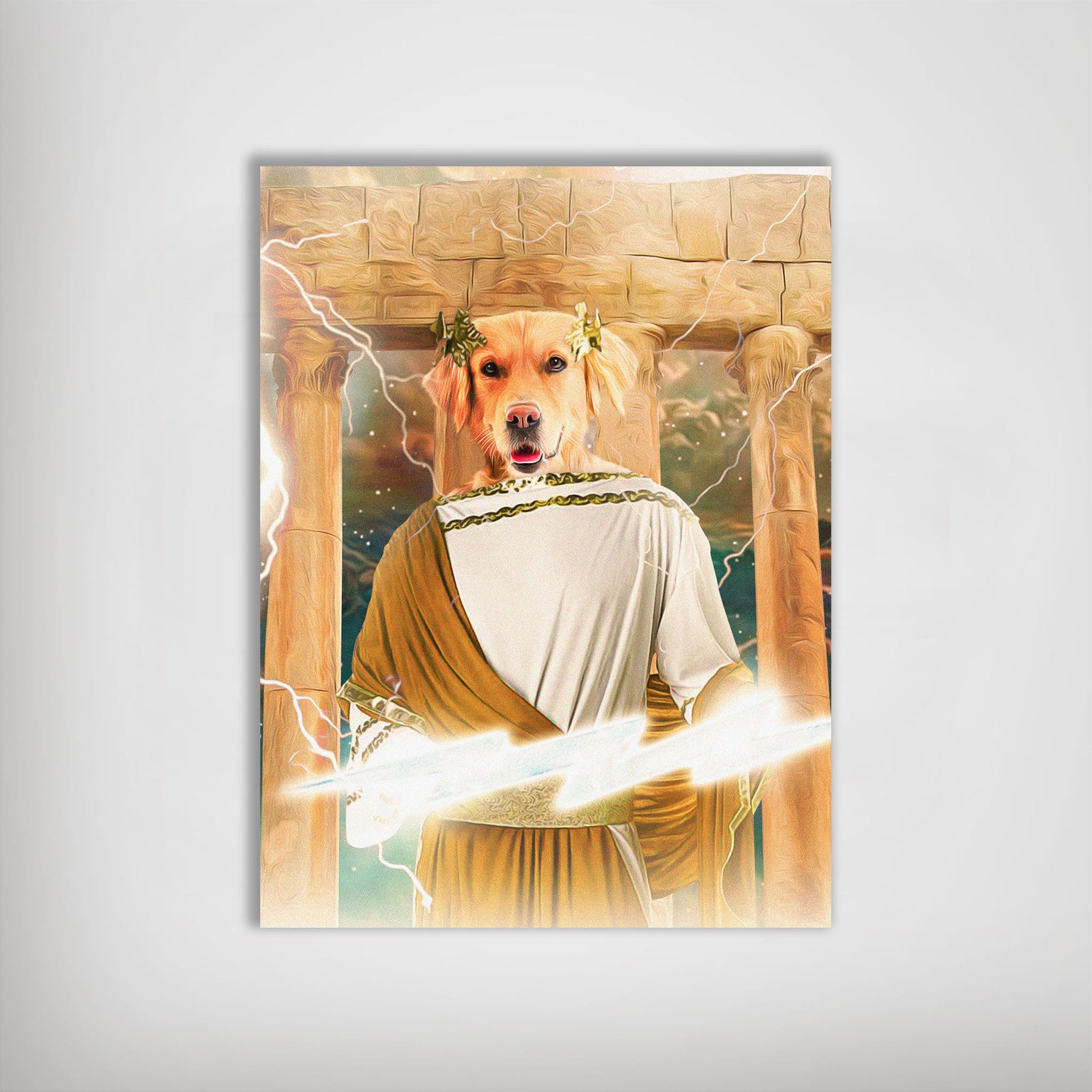 Personalized 'Zeus Doggo' pet poster featuring a golden retriever as Zeus, holding a lightning bolt.