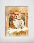 Personalized 'Zeus Doggo' pet poster featuring a golden retriever as Zeus, holding a lightning bolt.