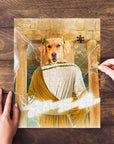 Personalized 'Zeus Doggo' pet puzzle featuring a golden retriever in a Greek god portrait style.