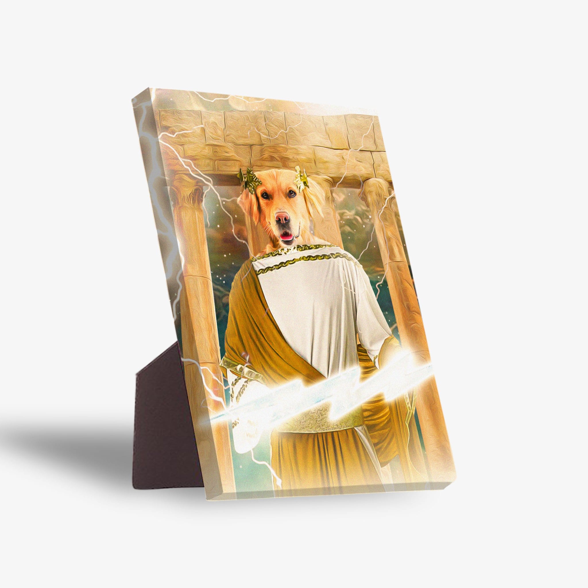 Golden retriever pet portrait on a standing canvas, dressed as Zeus with lightning bolts.