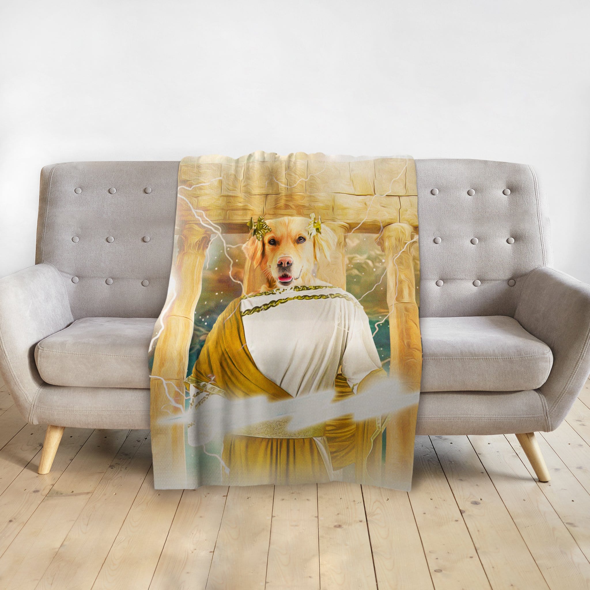 Personalized pet blanket with a golden retriever in a Zeus-style renaissance portrait.